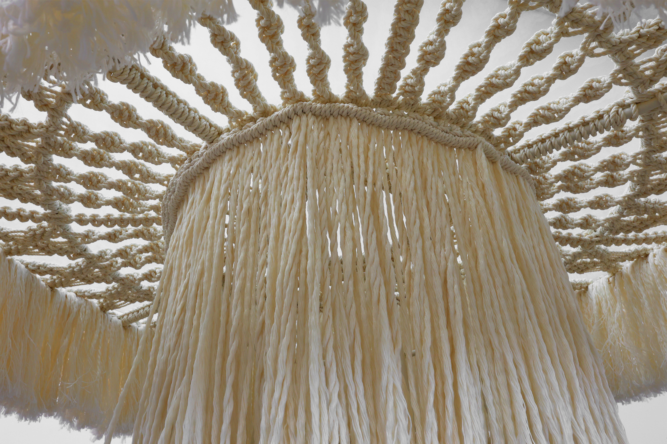 Monumental white dining table with glass top and macram&eacute; in Hollywood regency style, Italy 20th century thumbnail